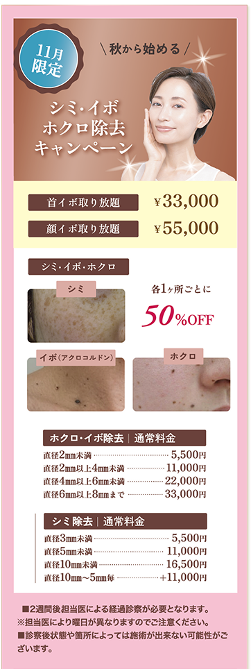 11月限定、シミ・イボ・ほくろ除去キャンペーン